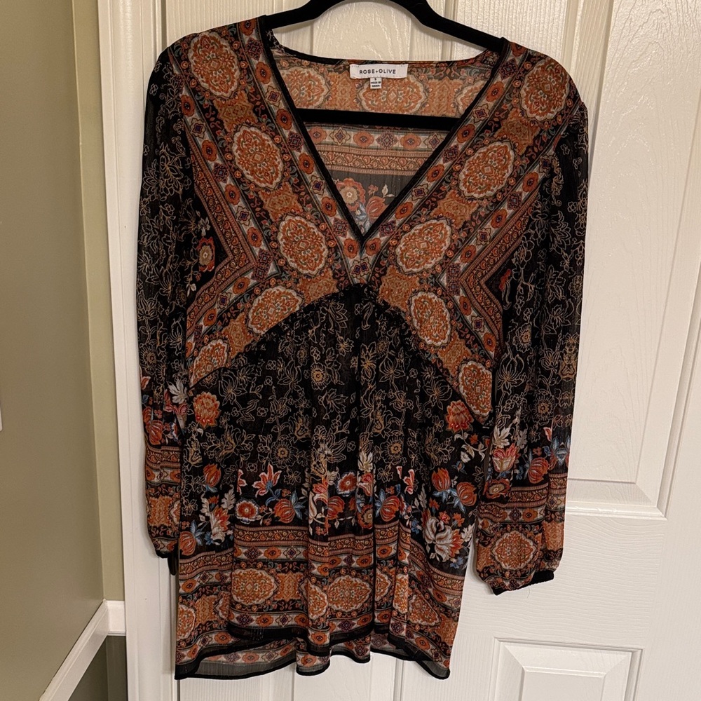 Rose & Olive Black and Orange Patterned Blouse